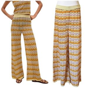 MANGO Knit Pants Chevron Wide Leg Pants Elastic Waist Gold Yellow Casual XL NEW